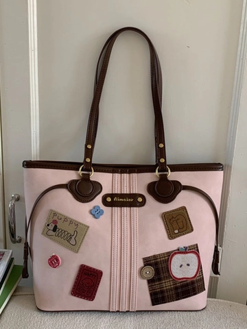 Vintage PU Leder Große Kapazität Tragetasche Für Damen Welpen Applikation Aufnäher Nähte Umhängetasche College Stil Tote