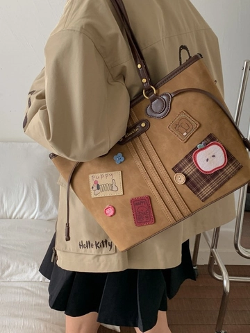 Vintage PU Leder Große Kapazität Tragetasche Für Damen Welpen Applikation Aufnäher Nähte Umhängetasche College Stil Tote