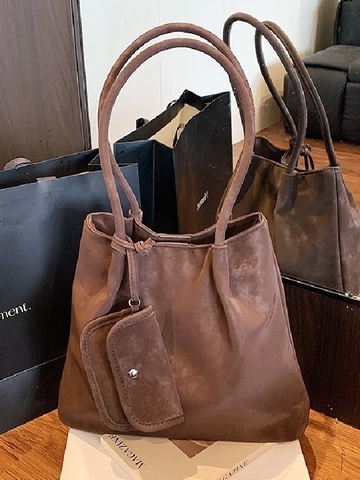 Sac Fourre-Tout en PU Mat Rétro Grande Capacité pour Femmes Sac à Bandoulière Polyvalent Sac Shopper Décontracté Avec Pochette