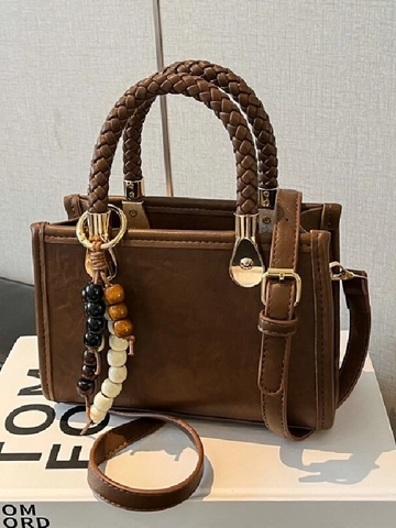 Retro Nischen Design Damen Kleine Quadratische Tasche PU Leder Geflochtener Griff Umhängetasche Mit Perlenquaste Handtasche