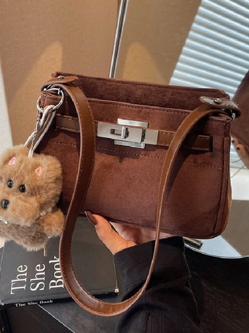 Vintage PU Leather Small Square Shoulder Bag For Women Retro Metal Buckle Handbag With Plush Dog Charm Daily Crossbody Bag