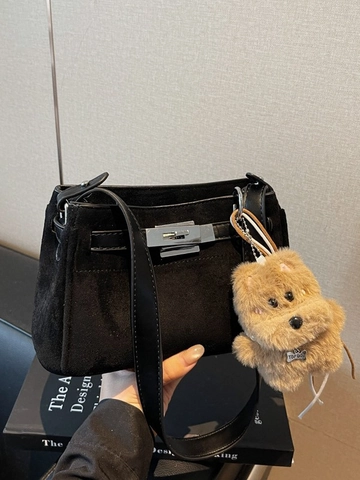 Vintage PU Leather Small Square Shoulder Bag For Women Retro Metal Buckle Handbag With Plush Dog Charm Daily Crossbody Bag