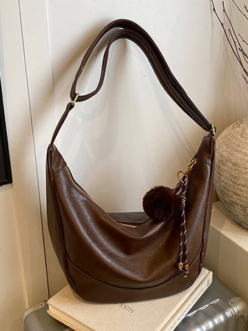 Large Hobo Crossbody Bag For Women Soft PU Leather Dumpling Bag Retro Solid Color Shoulder Bag With Plush Ball Charm