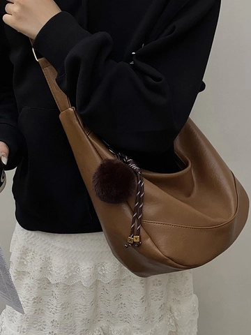 Large Hobo Crossbody Bag For Women Soft PU Leather Dumpling Bag Retro Solid Color Shoulder Bag With Plush Ball Charm