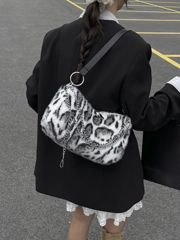 Bolso de Hombro de Peluche con Estampado de Leopardo para Mujer Bolso de Axila de Piel Sintética con Cadena de Metal Vintage