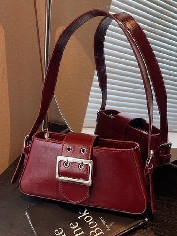 Women Retro PU Leather Underarm Bag Fashion Glossy Baguette Shoulder Bag With Large Silver Buckle Versatile Solid Color Handbag