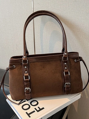 Große Kapazität Wildleder PU Spleißen Tote Bag Für Damen Retro Matt Schultertasche Pendler Achselhöhle Tasche Mit Schnalle Dekor