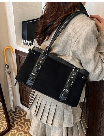 Große Kapazität Wildleder PU Spleißen Tote Bag Für Damen Retro Matt Schultertasche Pendler Achselhöhle Tasche Mit Schnalle Dekor