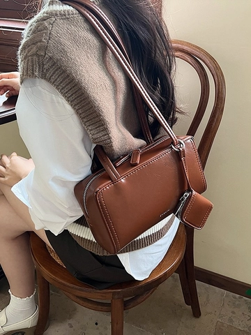 Vintage PU Leder Achseltasche Für Damen Minimalistische Kissenform Umhängetasche Mit Mini-Beutel Einfarbig Mode Pendeln Handtasche