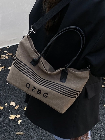 Women Large Capacity Striped Canvas Tote Bag All-Match Crossbody Shoulder Bag Casual Daily Shopping University Students Handbag