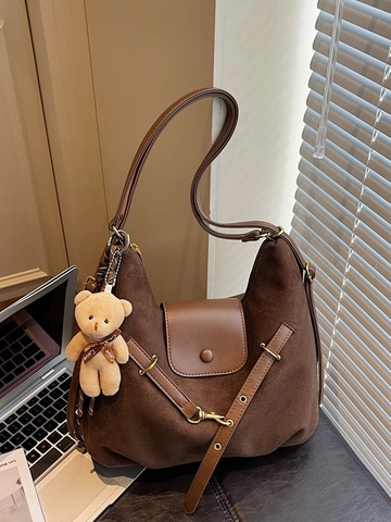 Borsa Tote in Camoscio con Stampa Leopardata ad Ampia Capacità per Donna Borsa a Tracolla Retrò con Ciondolo Orsetto