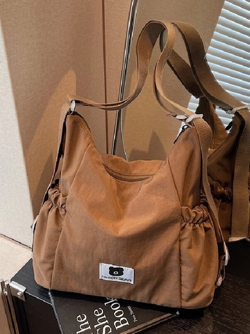 Borsa a Spalla da Donna Grande Capacità Design a Pieghe Tessuto Casual Tote Borsa a Tracolla Fashion Bear Patch