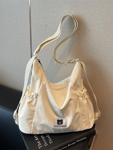 Borsa a Spalla da Donna Grande Capacità Design a Pieghe Tessuto Casual Tote Borsa a Tracolla Fashion Bear Patch