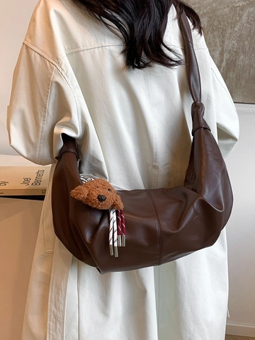 Borsa Hobo Grande da Donna in Pelle PU con Pieghe Borsa a Tracolla Minimalista Stile Maillard Pendolare con Ciondolo in Peluche