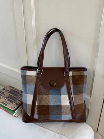 Zaino Tote a Quadri Retrò per Donna Grande Capacità Tweed PU Pelle Giuntura Stile Preppy Borsa a Tracolla da Pendolare