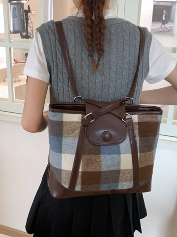 Zaino Tote a Quadri Retrò per Donna Grande Capacità Tweed PU Pelle Giuntura Stile Preppy Borsa a Tracolla da Pendolare