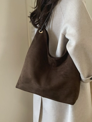 Vintage Wildleder Große Kapazität Tragetasche Für Damen Retro Pendeln Schultertasche Minimalistische Hobo Tasche Mit Metallösen