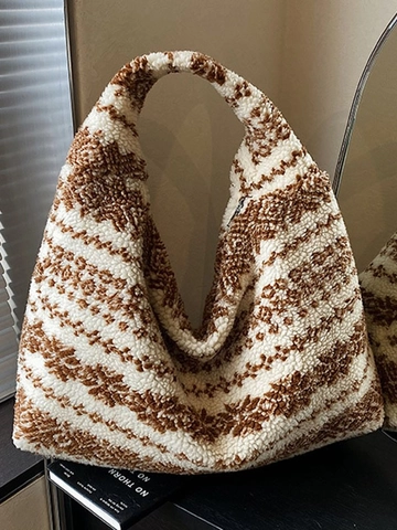 Bolso Tote de Peluche para Mujer Patrón Étnico Geométrico Gran Capacidad Bolso de Hombro Invierno Suave Piel Sintética Retro