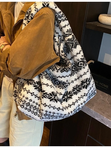 Bolso Tote de Peluche para Mujer Patrón Étnico Geométrico Gran Capacidad Bolso de Hombro Invierno Suave Piel Sintética Retro