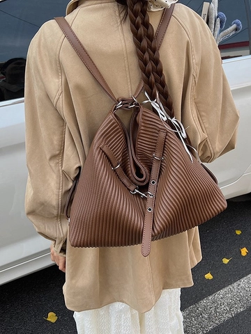 Women Vintage Pleated PU Leather Backpack Large Capacity Tote Bag Casual Commute Shoulder Bag With Adjustable Straps