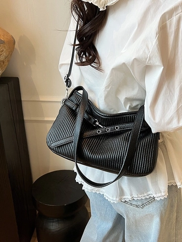 Bolso Bombonera Plisado Vertical Diseño de Nicho para Mujer Bolso de Hombro de Cuero PU Minimalista Hebilla Plateada Diario