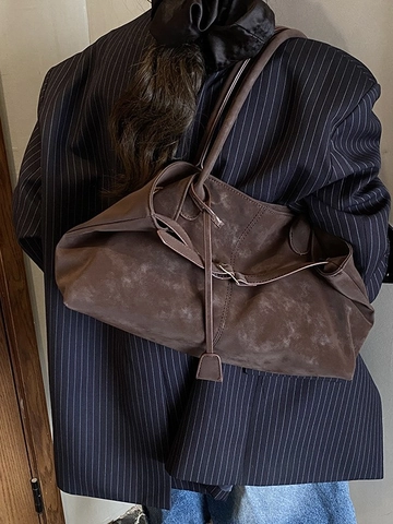 Bolso de Axila de Gamuza Sintética Cuir PU Vintage para Mujer Gran Capacidad Bolso Tote Minimalista Bolso de Hombro con Hebilla de Metal