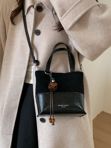 Women Vintage PU Leather Patchwork Bucket Bag Retro Leopard Print Shoulder Crossbody Bag With Detachable Pendant Purse