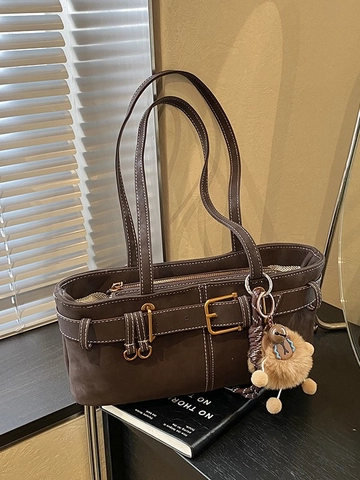 Vintage Frosted PU Leather Underarm Bag For Women Contrast Stitching Shoulder Bag With Belt Buckle Decorative Plush Charm Tote