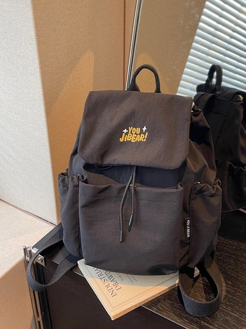Mochila de Lona Casual de Gran Capacidad para Mujer Moda Letras Bordadas Solapa con Cordón Bolsa Escolar Mochila de Viaje Ligera