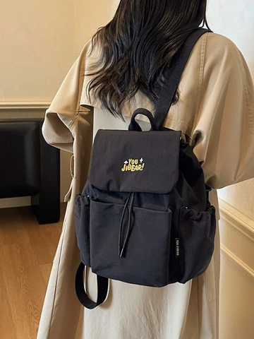 Mochila de Lona Casual de Gran Capacidad para Mujer Moda Letras Bordadas Solapa con Cordón Bolsa Escolar Mochila de Viaje Ligera