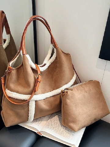 Vintage Suede Tote Bag For Women With Faux Shearling Trim Sherpa Splicing Large Capacity Shoulder Bag With Small Pouch