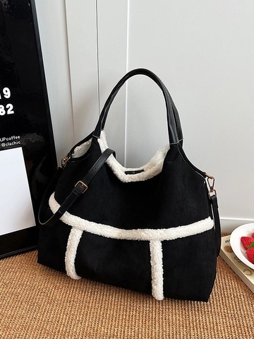 Vintage Suede Tote Bag For Women With Faux Shearling Trim Sherpa Splicing Large Capacity Shoulder Bag With Small Pouch