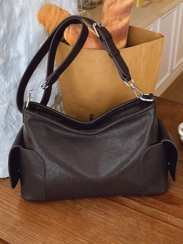 Borsa a Spalla in Pelle PU Retro Minimalista Con Tasche Laterali Tracolla Regolabile Moda Grande Capacità Borsa a Tracolla Tote