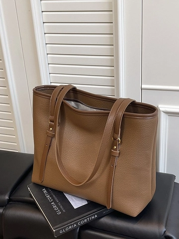 Borsa Tote in Pelle PU di Grande Capacità Donna Borsa a Tracolla Minimalista con Motivo Litchi Borsa da Scuola Pendolare Moda