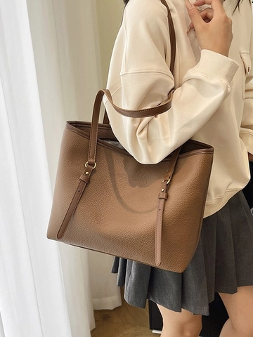 Borsa Tote in Pelle PU di Grande Capacità Donna Borsa a Tracolla Minimalista con Motivo Litchi Borsa da Scuola Pendolare Moda