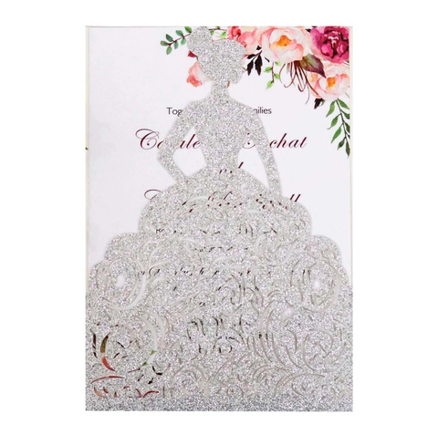 Eleganti Biglietti d'Invito per Matrimonio Taglio Laser Silhouette Sposa Carta Perlata Glitterata Inviti Floreali Con Buste