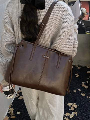 Women Large Capacity PU Leather Tote Bag Vintage Minimalist Shoulder Bag Elegant Leopard Print Daily Commuting Office Handbag