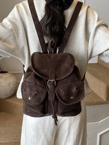 Vintage Matte PU Leather Backpack For Women Large Capacity Retro Travel Rucksack Fashion School Bag Commuting Multi Pocket