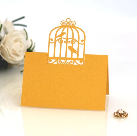 Laser Cut Bird Cage Pearlescent Paper Wedding Place Cards Hollow Design Table Name Seat Cards For Party Banquet Decor