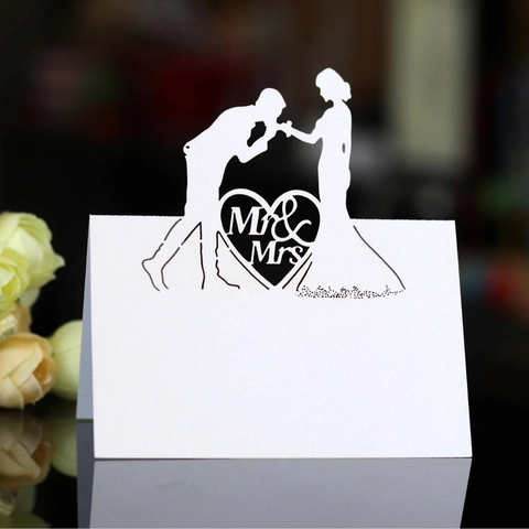 Laser Cut Heart Silhouette Mr & Mrs Wedding Place Cards Romantic Pearlescent Paper Hollow Table Name Cards For Party Decoration