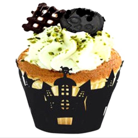 Halloween Lasergeschnitten Cupcake-Hüllen Schloss Totenkopf Karton Kuchen Dekor Für Partyzubehör Schwarz Gold Silber