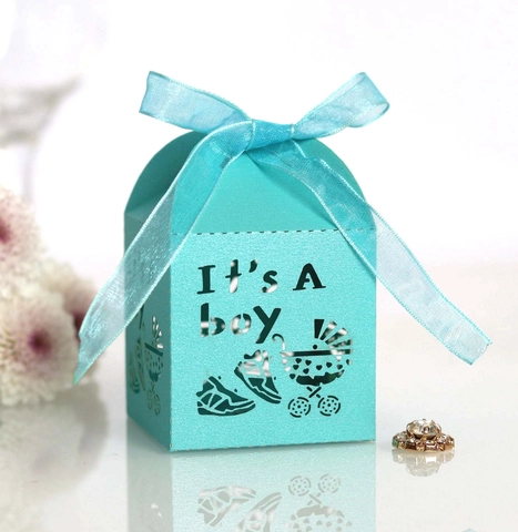 Κουτί Ζαχαρωτών Baby Shower It's A Boy με Κοπή Λέιζερ και Φιόγκο Συσκευασία Δώρου για Γιορτή Νεογέννητου Περλέ Χαρτί