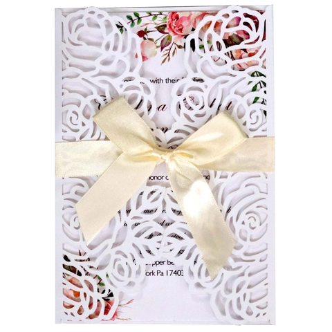 Cartes d'Invitation de Mariage Découpe Laser Rose Européenne Papier Nacré Élégant Motif Dentelle Creuse Ensembles d'Invitation Avec Enveloppes Rubans Pour Fournitures de Fête de Banquet