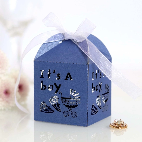Κουτί Ζαχαρωτών Baby Shower It's A Boy με Κοπή Λέιζερ και Φιόγκο Συσκευασία Δώρου για Γιορτή Νεογέννητου Περλέ Χαρτί