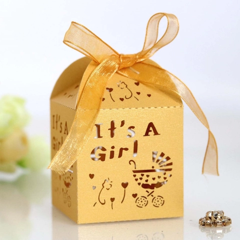 Scatola Bomboniera Baby Shower Taglio Laser It's A Girl Con Fiocco Motivo Passeggino Cuore Carta Perlata Confezione Caramelle Festa Neonato
