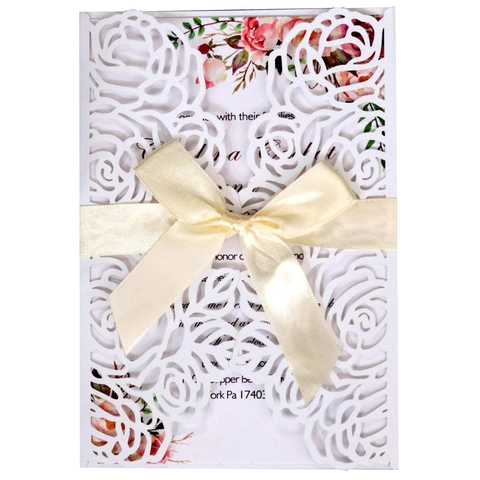 European Rose Laser Cut Wedding Invitation Cards Pearlescent Paper Elegant Hollow Lace Pattern Invitation Sets With Envelopes Ribbons For Banquet Party Supplies