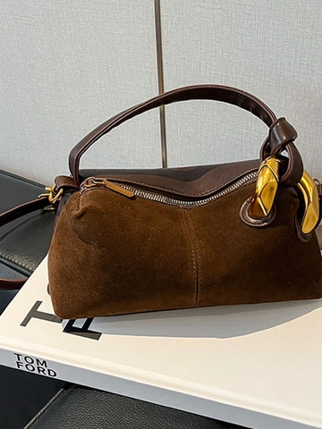 Damen Vintage PU Leder Patchwork Umhängetasche Modische Wildleder Optik Kissen Schultertasche Mit Goldenem Metallring