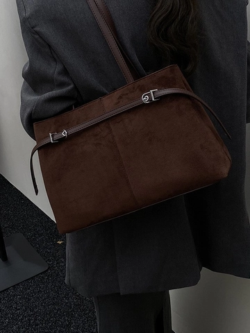 Vintage PU Suede Tote Bag Large Capacity Frosted Shoulder Bag For Women Fashion Stitching Commute Handbag Retro Elegant Purse