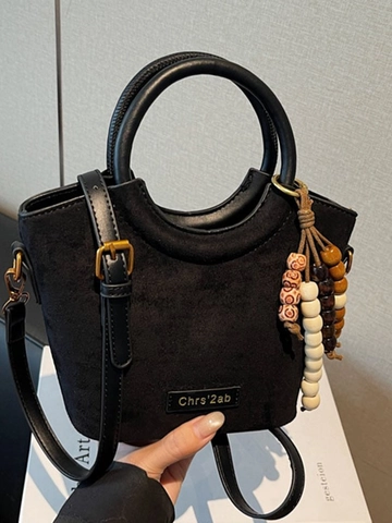 Vintage Damen PU Wildleder Textur Beuteltasche Mit Perlenanhänger Rundem Griff Umhängetasche Für Den Täglichen Weg Ins Büro