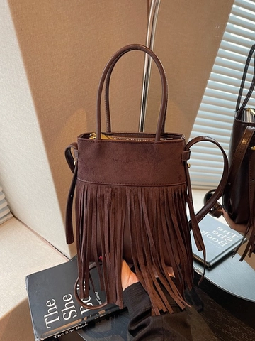 Women Retro Tassel Bucket Bag PU Leather Faux Suede Fringe Crossbody Bag Fashion Solid Color Shoulder Handbag For Ladies